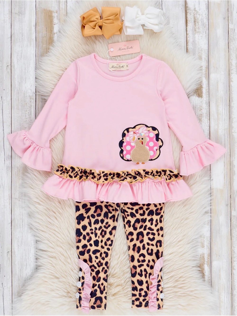 Marie Nicole Girls Pink Leopard Turkey Ruffle Outfit Size Age 8-9 Years 4X